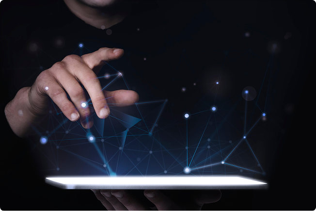 Person using tablet with digital visualization